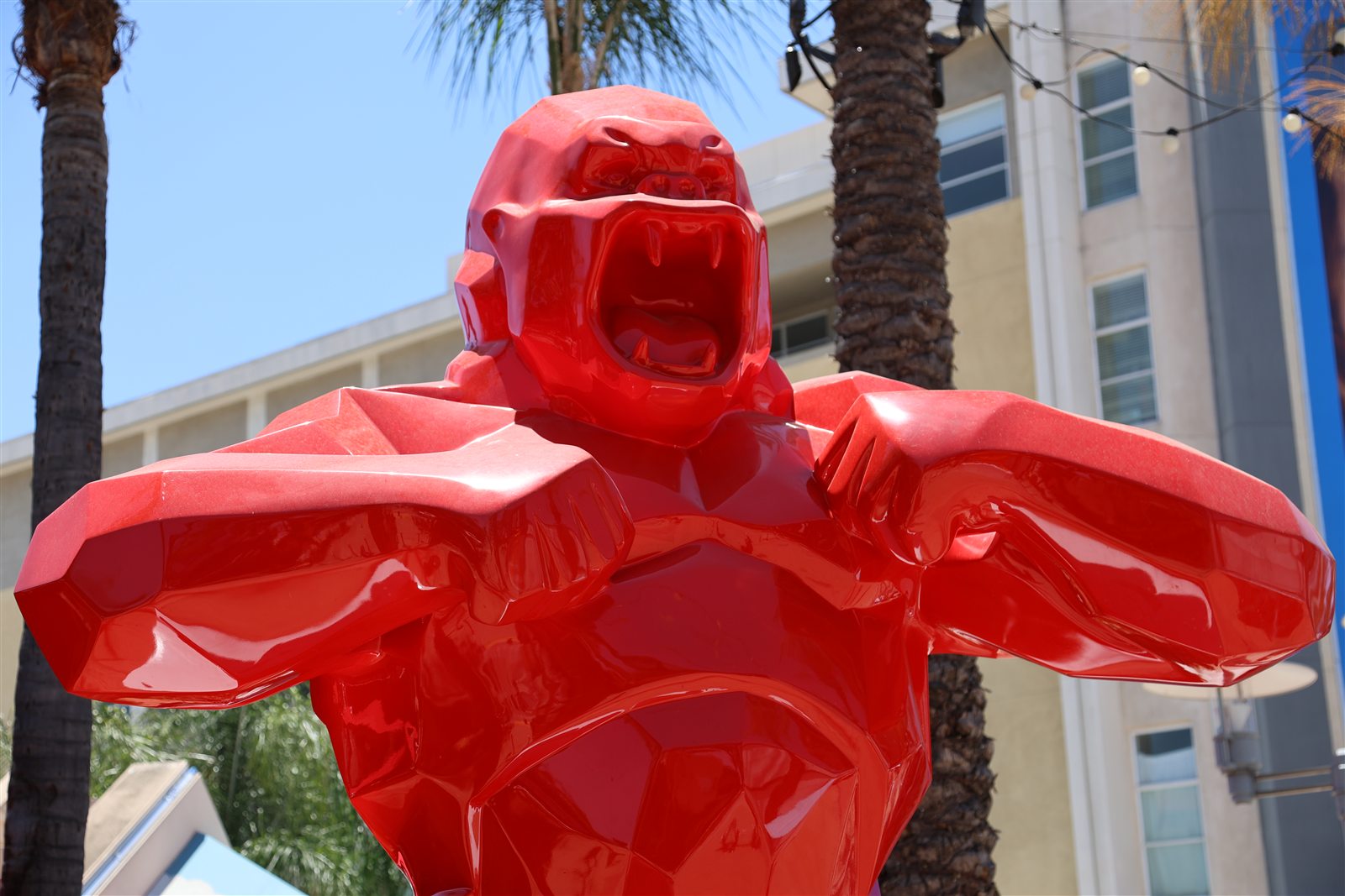 Red gorilla sculpture by Richard Orlinski in downtown Burbank